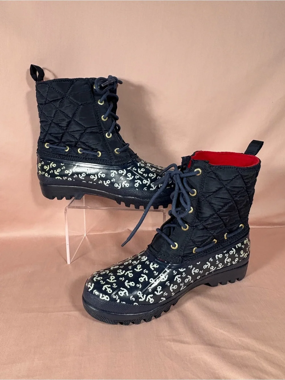 Sperry Women's Saltwater Duck Boot Navy Anchor Print Quilted STS90705 Size 8